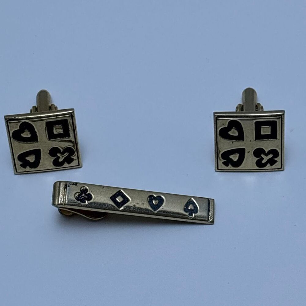 Vintage SWANK gold tone cufflink & tie tack poker player cards heart spade etc